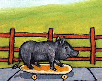 Pot Belly Pig on a Skateboard - art tile - coaster - animal lover gift