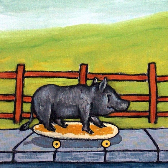 pig art tile ceramic coaster gift modern folk art pig print on tile living room
