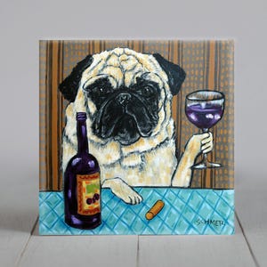 Posavasos con diseño de Pug, decoración de vino, regalo, arte lindo para amantes de los perros