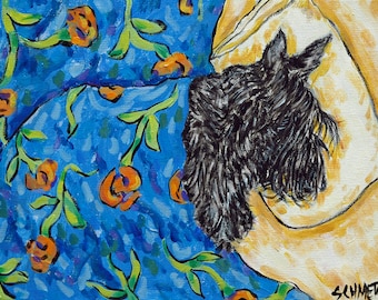 scottish terrier sleeping dog art print on ready to hang stretched canvas- home decor