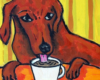 Dachshund at the coffee shop dog art artwork tile coaster gift - multple sizes