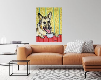 German shepherd at the coffee shop dog art print on ready to hang stretched canvas - multiple size animal decor