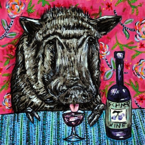pig at the wine bar - animal art tile - coaster - gift - handmade
