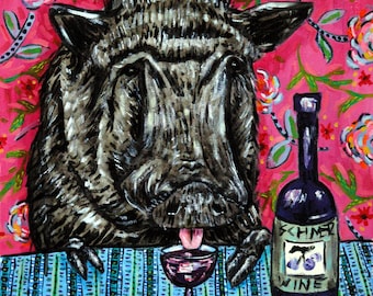 pig at the wine bar - animal art tile - coaster - gift - handmade