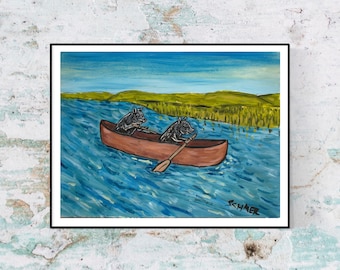 Pigs Canoe Adventure - Whimsical Animal Art Print - stretched canvas or paper print - multiple sizes