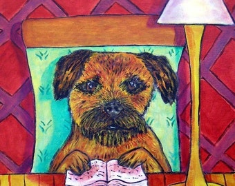 Border Terrier Reading a Book Dog Art coaster tile  - multiple sizes