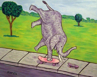 Elephant and Mouse Skateboarding Art Print on ready to hang gallery wrap canvas