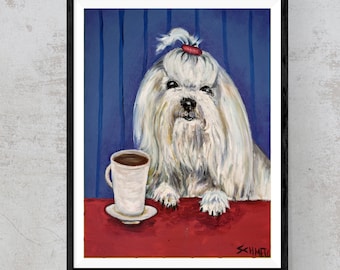 Maltese dog Art print on paper or stretched on canvas coffee wall art decor