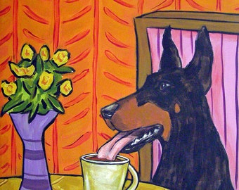 doberman pinscher at the coffee shop dog art print - 13x19 - matte or glossy finish