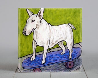 Bull terrier art dog coaster tile gift decor - skateboarding - multiple sizes