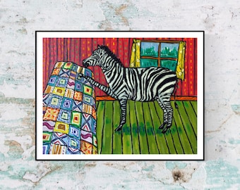 Zebra Quilting animal art print _ paper or canvas print - multiple Sizes available