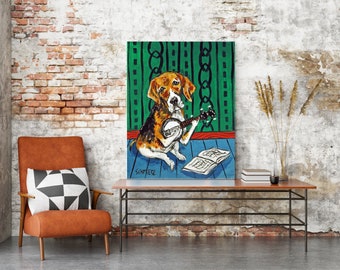 Beagle playng the banjo 13 x 19  dog art print - matte or paper print