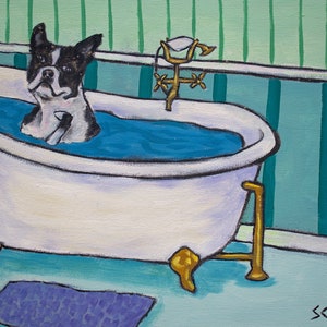 Boston terrier bath, bathroom art, canvas wall art dog, dog art print, dog canvas, dog painting, boston terrier bathroom, dog lover, pet art