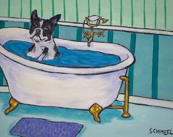 Boston terrier bath, bathroom art, canvas wall art dog, dog art print, dog canvas, dog painting, boston terrier bathroom, dog lover, pet art