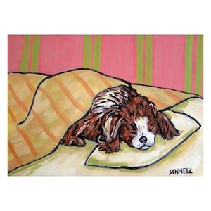 cavalier king charles dog taking a nap dog art print - stretched canvas or matte paper - multiple sizes