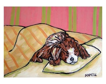 cavalier king charles dog taking a nap dog art print - stretched canvas or matte paper - multiple sizes