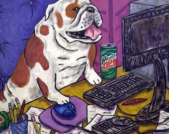 bulldog art tile coaster - animal lover gift - working on a computer - dog art