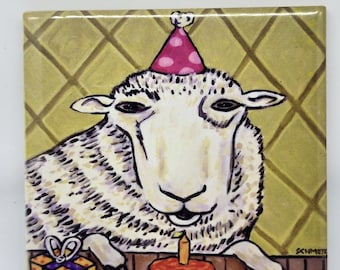 Sheepie's Birthday - Animal Art - coaster tile  -Gift - multiple sizes available