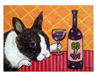 bunny at the wine bar 13x19 animal art print - matte or glossy