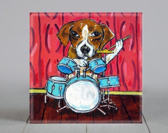 beagle playing the drumms drummer art artwork coaster tile - multiple sizes