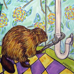 May include: A brown beaver with a long tail is holding a wrench and fixing a white pipe. The beaver is standing on a checkered floor with purple and yellow squares. The background is a light blue wall with a floral pattern.