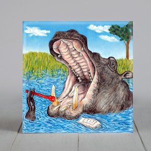 hippo brushing teeth animal art tile coaster gift - multiple sizes availabe