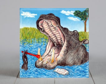 hippo brushing teeth animal art tile coaster gift - multiple sizes availabe