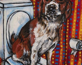 Beagdog in the bathroom - stretched canvas print or pmatte paper print - multiple sizes
