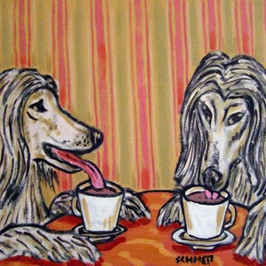 Aghan Hounds at the Coffee Shop Dog Art coaster tile Gift