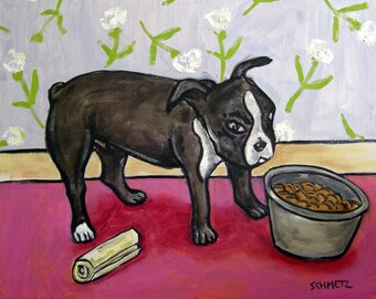 Stampa d'arte del cane Boston Terrier, arte della parete del cane su tela, pittura di Boston Terrier