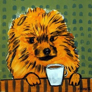 Pomeranian drinking coffee dog art tile coaster gift - animal dcor