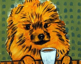 Pomeranian drinking coffee dog art tile coaster gift - animal dcor