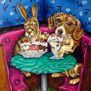 bunny art - beagle art - Bunny and Beagle at the Ice Cream parlor Animal Art Print - beagle gifts - bunny gift