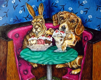 bunny art - beagle art - Bunny and Beagle at the Ice Cream parlor Animal Art Print - beagle gifts - bunny gift