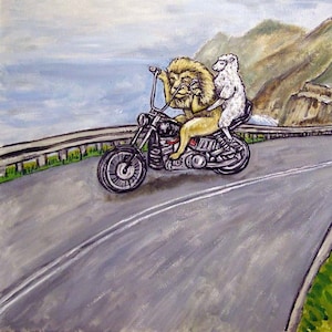 The lion and the Lamb Riding a Motorcycle Animal art tile coaster image 1