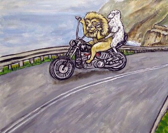 The lion and the Lamb Riding a Motorcycle Animal art tile coaster