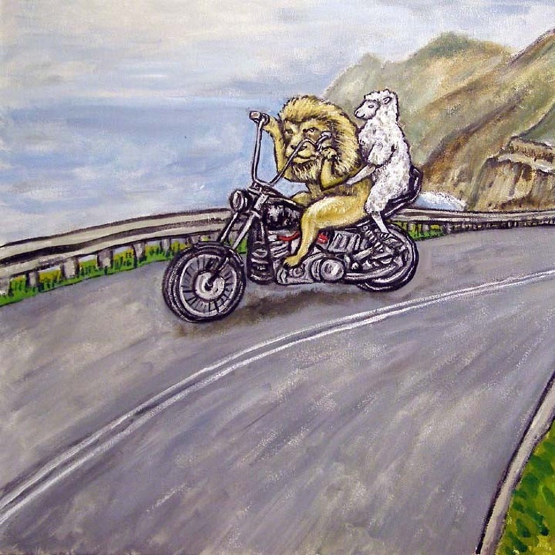 The lion and the Lamb Riding a Motorcycle Animal art tile coaster image 1