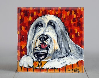 Bearded Collie at the Wine Bar picture Dog Art coaster tile gift