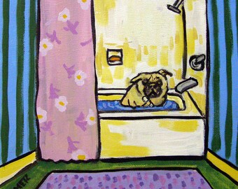 Fawn pug taking a bath dog art tile coaster - multple sizes