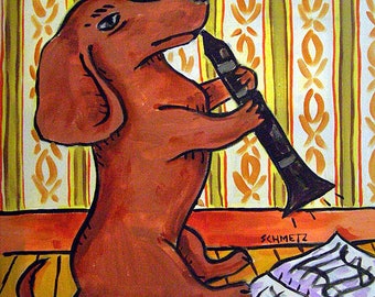 dachhsund - clarinet player - dog art - tile coaster - animal lover gift - home decor