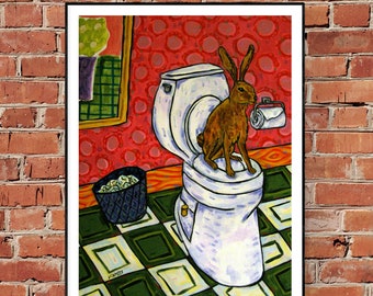 Bunny in the bathroom animal art artwork print on matte or glossy paper- multiple sizes