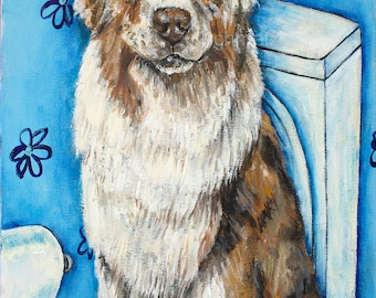 australian shepherd in the bathroom dog art print on ready to hang canvas