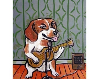 Beagle singer songwriter dog art print - stretched canvas or paper print - multiple sizes available