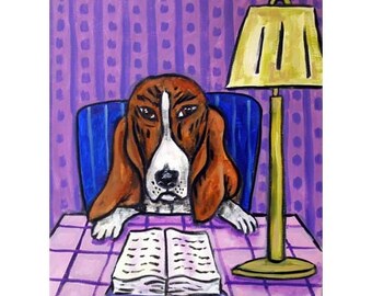 Basset Hound Reading a Book Dog Art Print 13x19 - matte or glossy