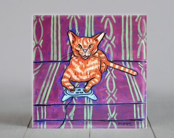 ornge cat playing video games - art tile - coaster gift - animal decor