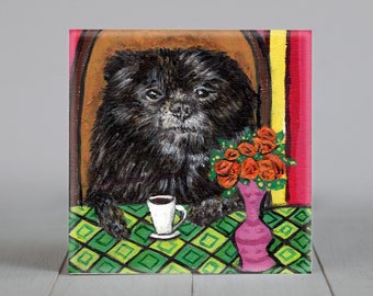 black pomeranian dog  wine coaster tile gift pet decor art