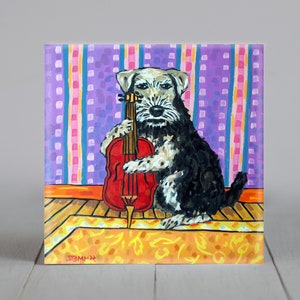 Welsh Terrier artwork,Playing Stand up Bass, DOg Art,square decorative coaster, ceramic tile, dog lover gifts,