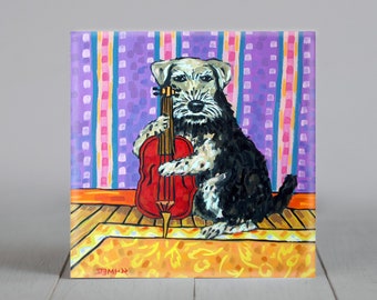 Welsh Terrier artwork,Playing Stand up Bass, DOg Art,square decorative coaster, ceramic tile, dog lover gifts,