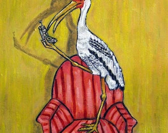 Painted Stork Talking on a Cell Phone Bird art tile coaster