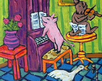 music trio, pig, duck dog, art, coaster, tile, ceramic animal, animal decor, animal coaster, pig coaster, duck tile, dog gift, animal lover
